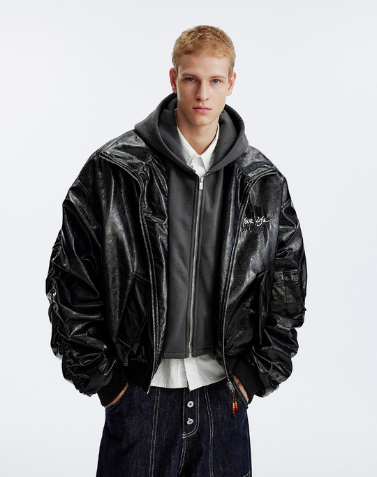MEDM Layered Hood PU Leather Bomber Jacket | Face 3 Face