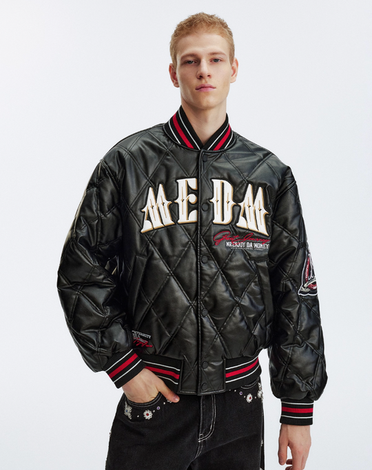 MEDM Diamond Quilted PU Leather Varsity Jacket | Face 3 Face