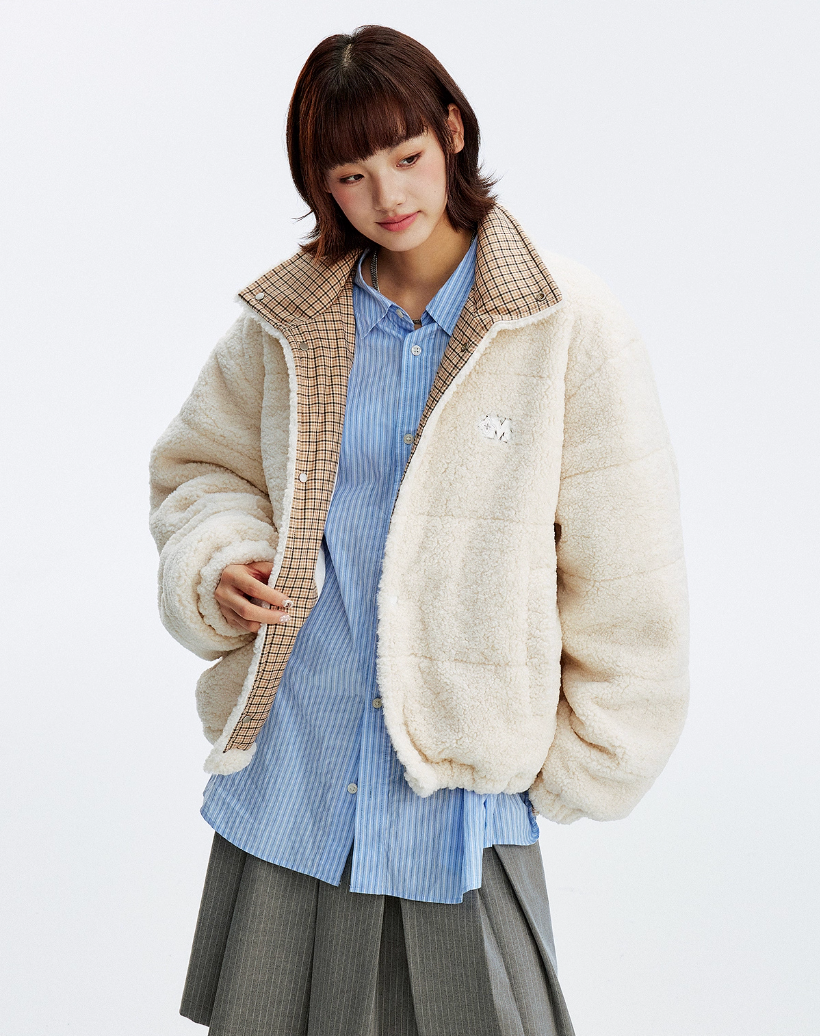 MEDM Plaid Trim Sherpa Short Jacket | Face 3 Face