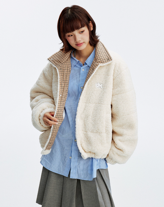 MEDM Plaid Trim Sherpa Short Jacket | Face 3 Face