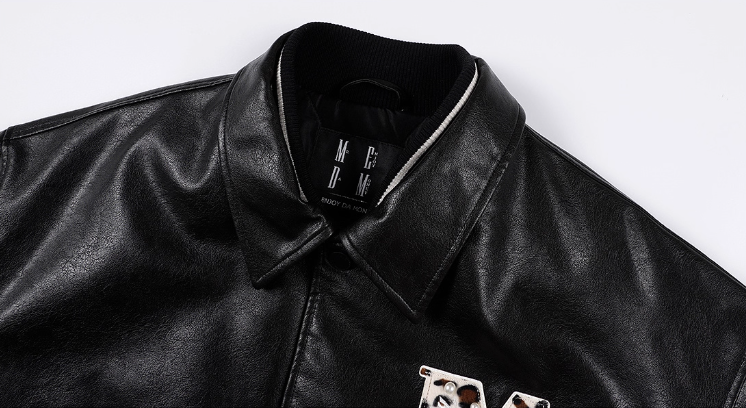 MEDM Leopard Patch Pearl PU Leather Varsity Jacket | Face 3 Face