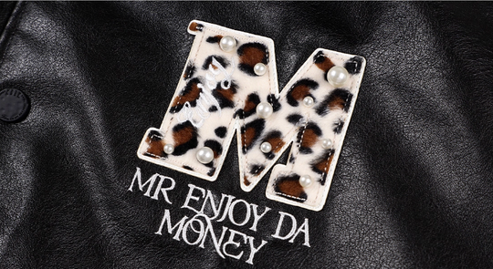 MEDM Leopard Patch Pearl PU Leather Varsity Jacket | Face 3 Face