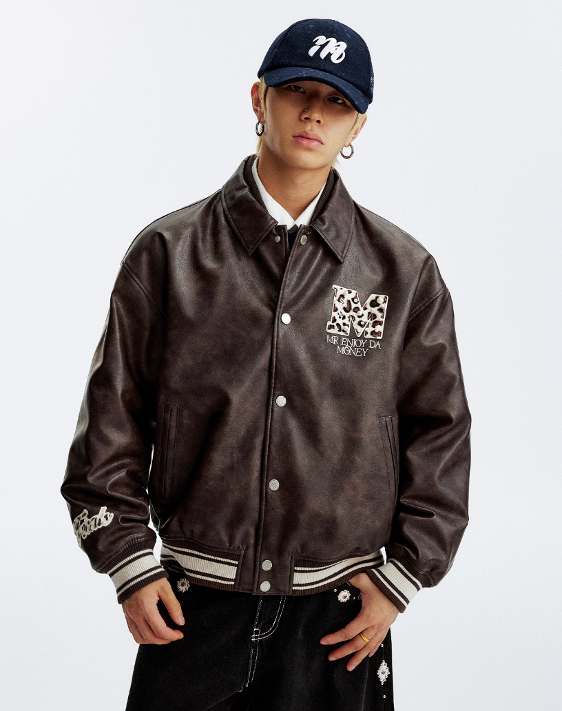MEDM Leopard Patch Pearl PU Leather Varsity Jacket | Face 3 Face