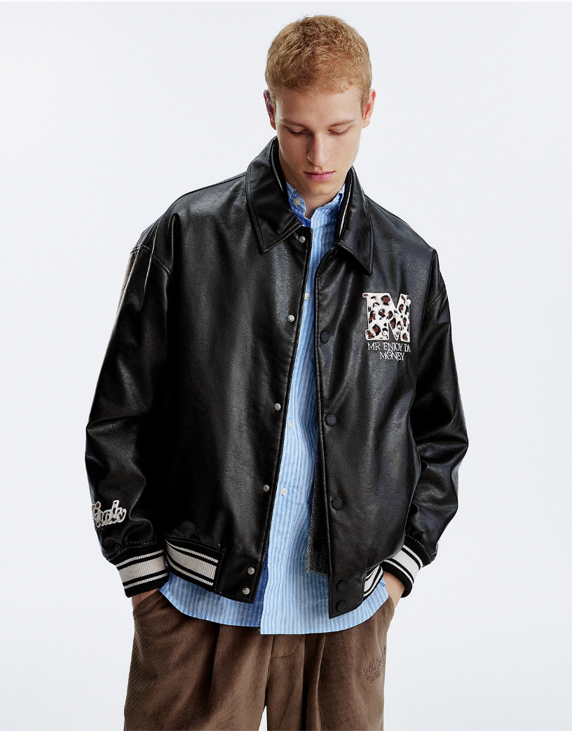 MEDM Leopard Patch Pearl PU Leather Varsity Jacket | Face 3 Face