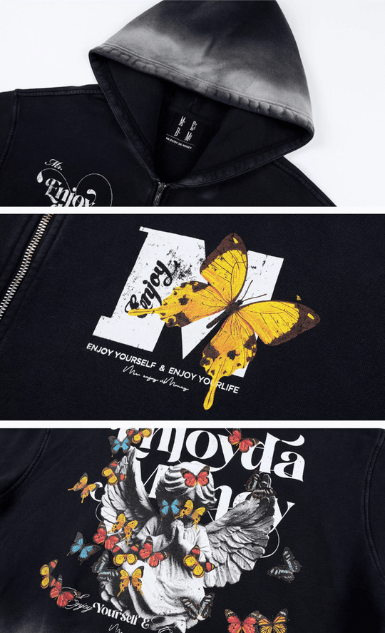 MEDM Washed Angel Butterfly Print Zip Up Hoodie | Face 3 Face