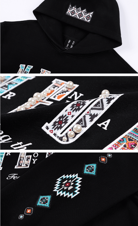 MEDM Ethnic Embroidered Patch Pearl Oversized Hoodie | Face 3 Face