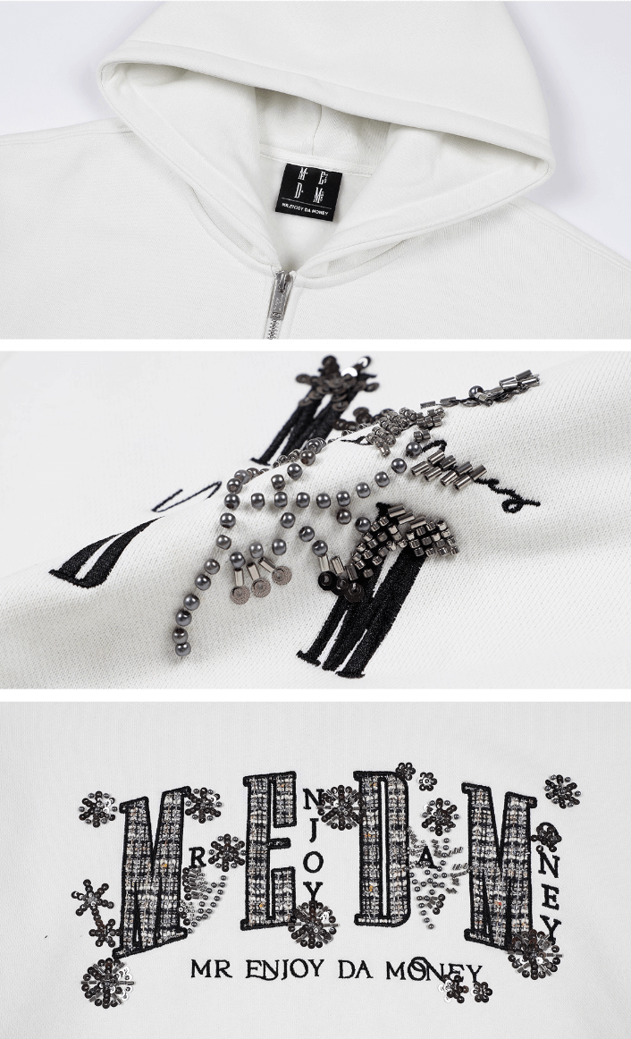 MEDM Beaded Flower Embellished Zip Up Hoodie | Face 3 Face