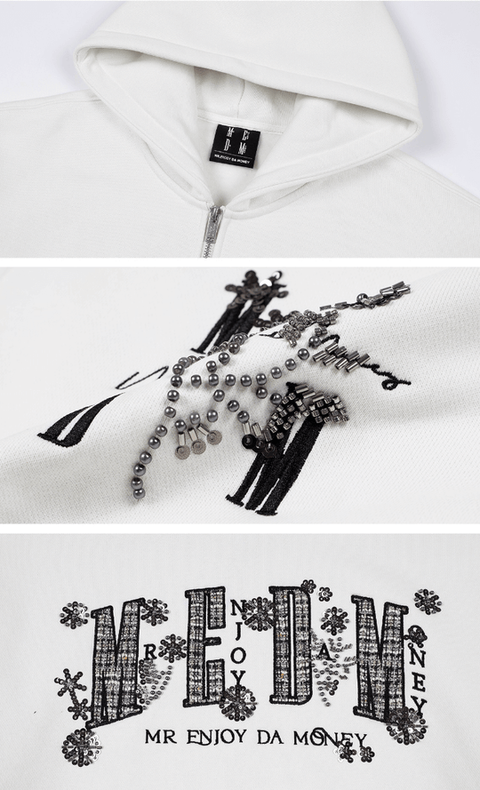 MEDM Beaded Flower Embellished Zip Up Hoodie | Face 3 Face