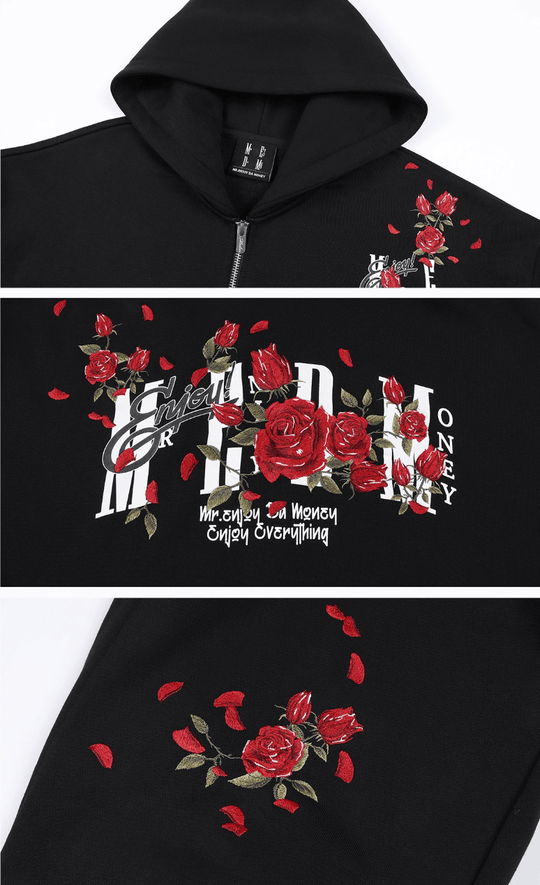 MEDM Rose Embroidered Zip Up Hoodie | Face 3 Face