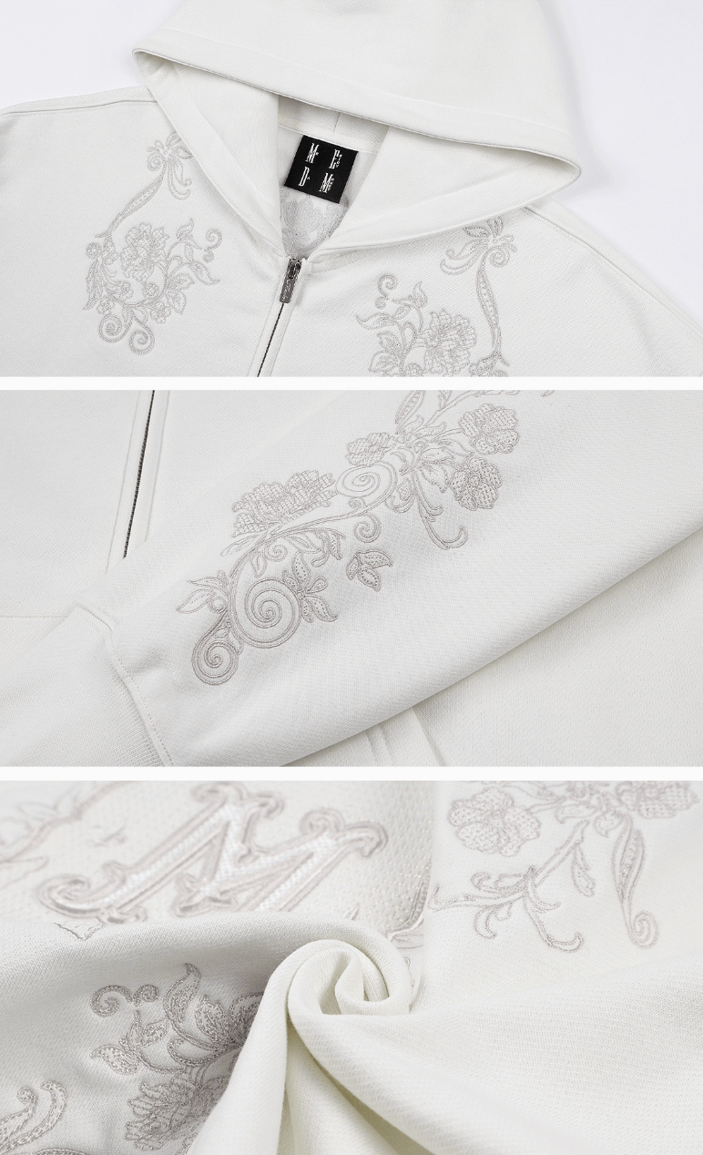 MEDM Patterned Flower Embroidered Zip Up Hoodie | Face 3 Face