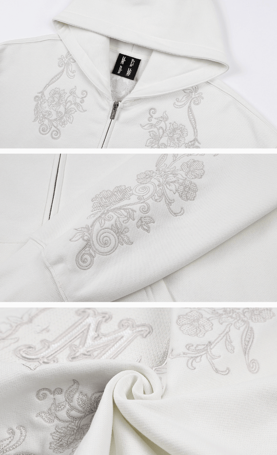 MEDM Patterned Flower Embroidered Zip Up Hoodie | Face 3 Face