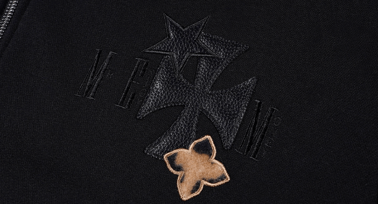 MEDM Cross Star Leather Patchwork Zip Up Hoodie | Face 3 Face