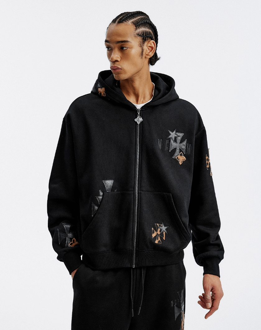 MEDM Cross Star Leather Patchwork Zip Up Hoodie | Face 3 Face