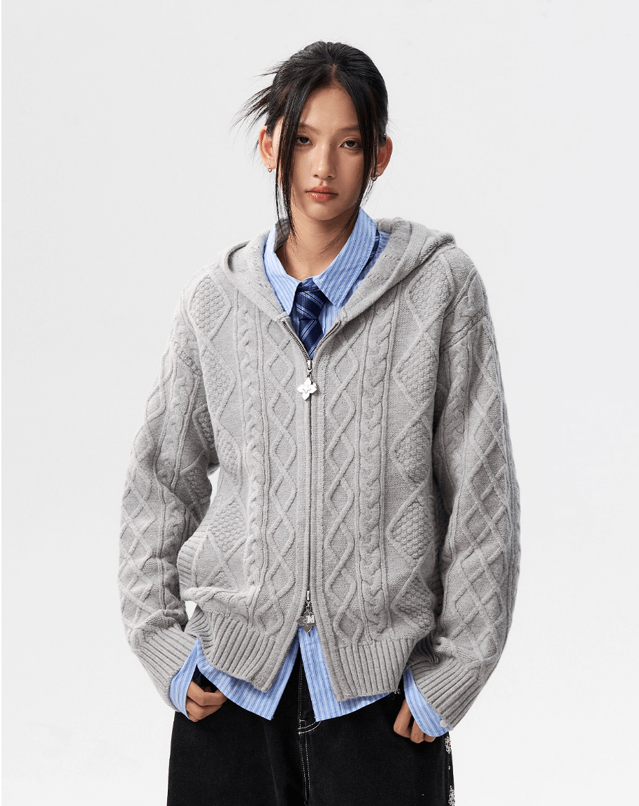 MEDM Hooded Cable Knit Zip Up Cardigan | Face 3 Face