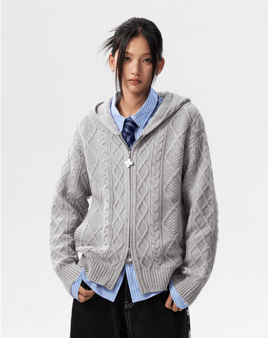 MEDM Hooded Cable Knit Zip Up Cardigan | Face 3 Face
