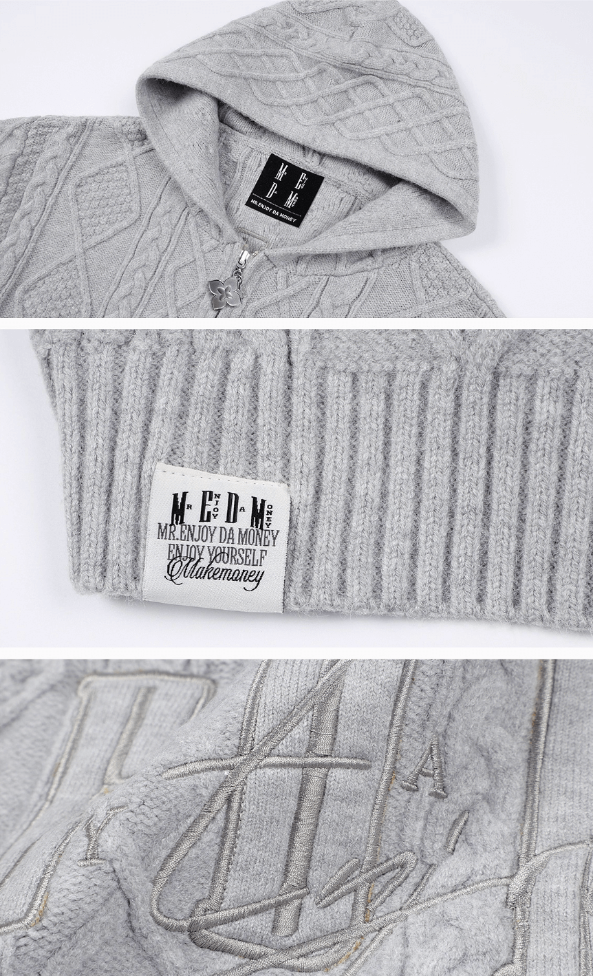 MEDM Hooded Cable Knit Zip Up Cardigan | Face 3 Face