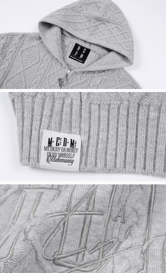 MEDM Hooded Cable Knit Zip Up Cardigan | Face 3 Face
