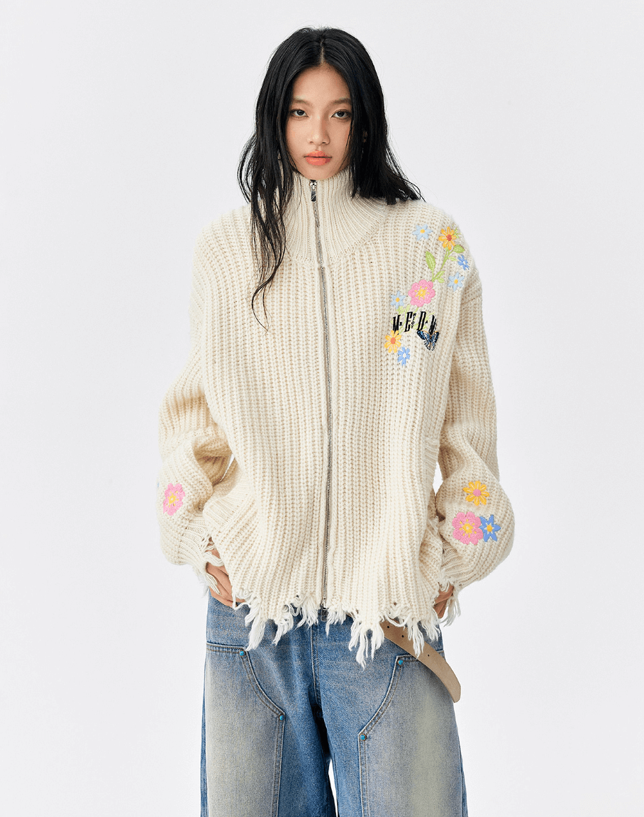 MEDM Frayed Hem Floral Embroidered Knit Cardigan | Face 3 Face