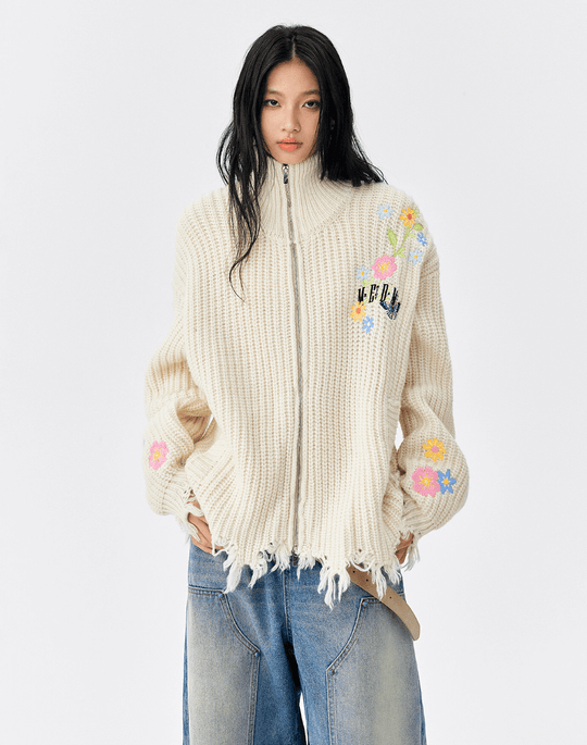 MEDM Frayed Hem Floral Embroidered Knit Cardigan | Face 3 Face