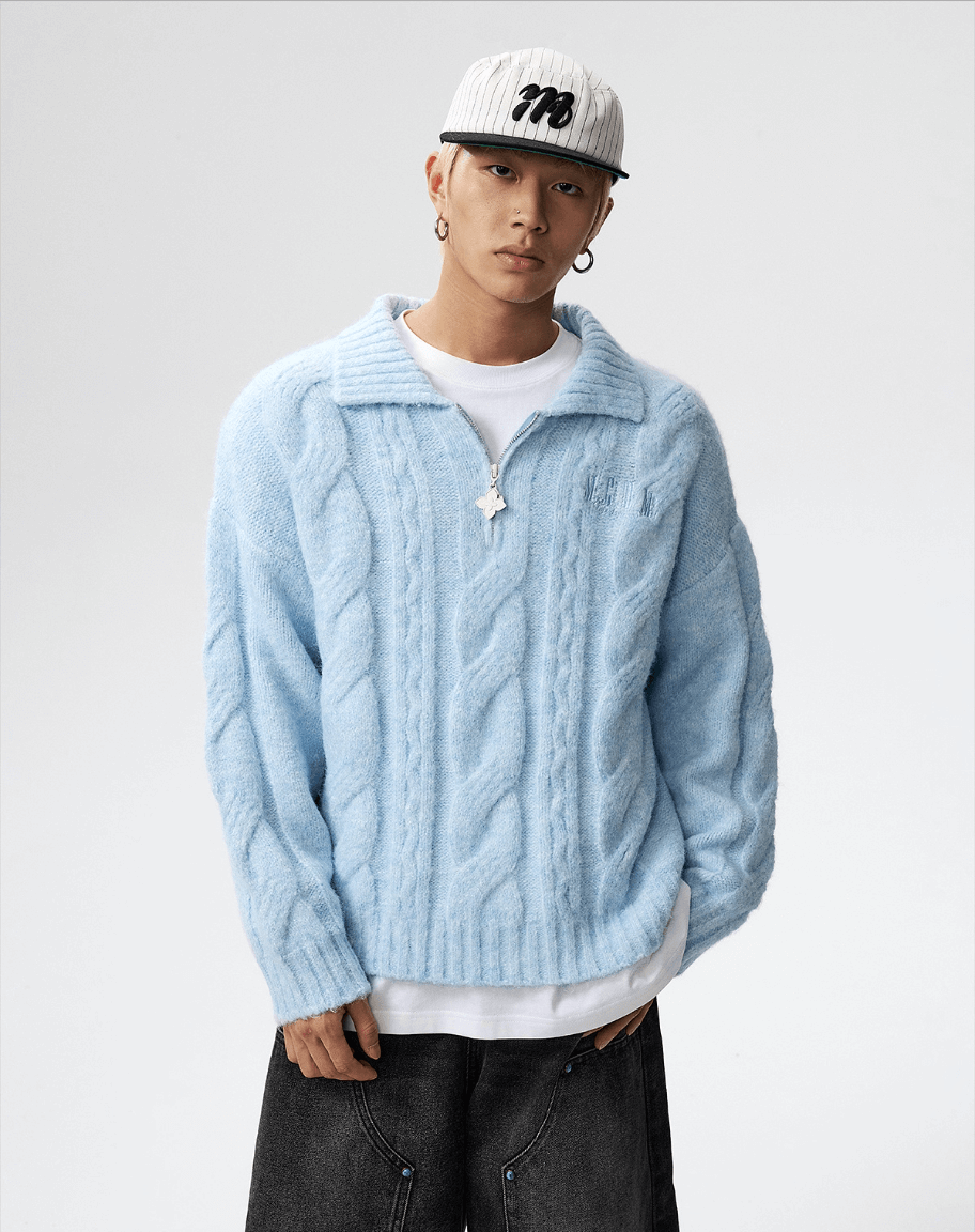 MEDM Cable Knit Half Zip Polo Sweater | Face 3 Face