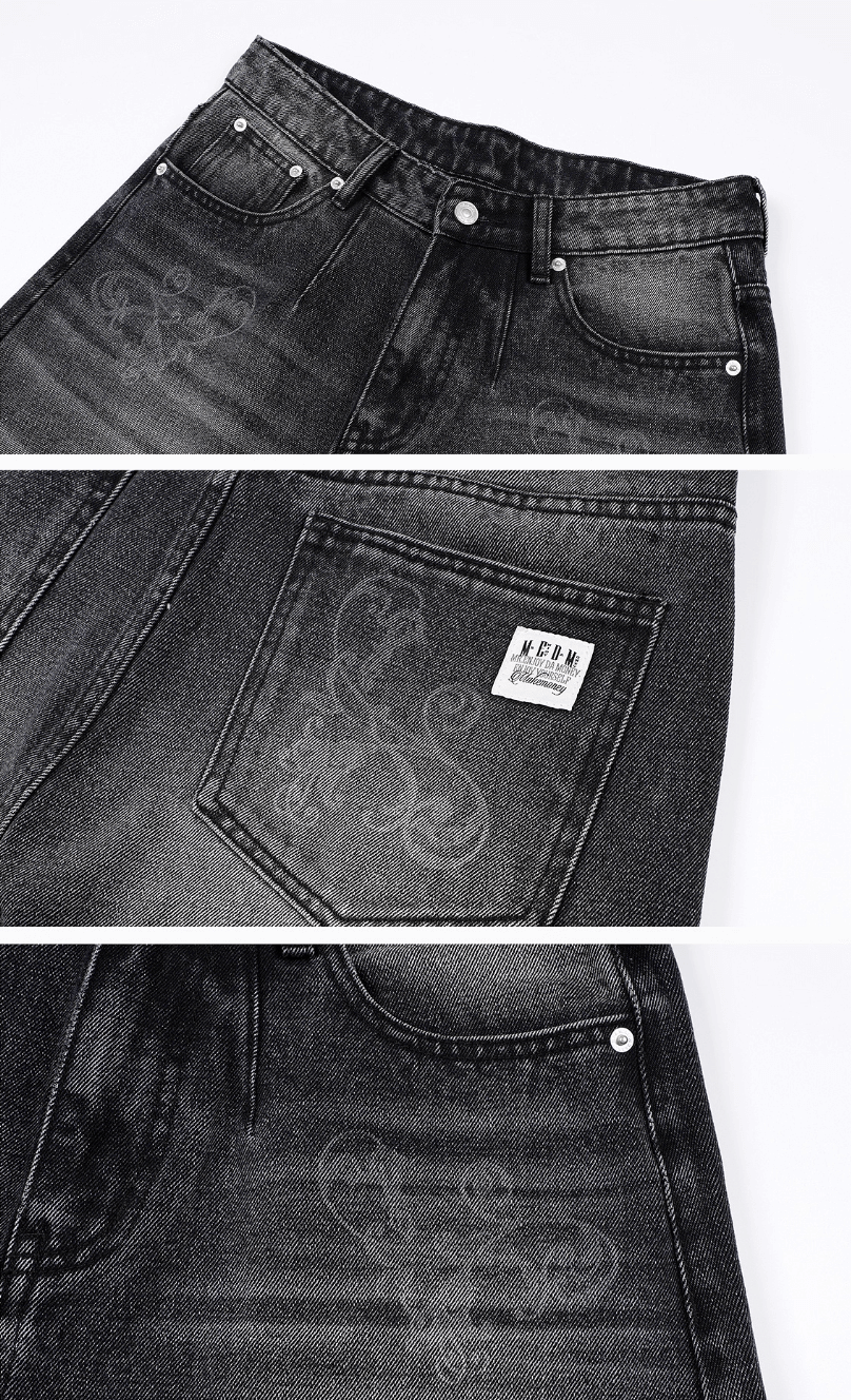 MEDM Flower Vine Laser Burnout Washed Machete Jeans | Face 3 Face