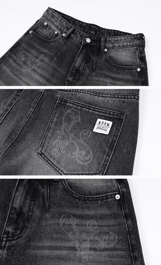 MEDM Flower Vine Laser Burnout Washed Machete Jeans | Face 3 Face