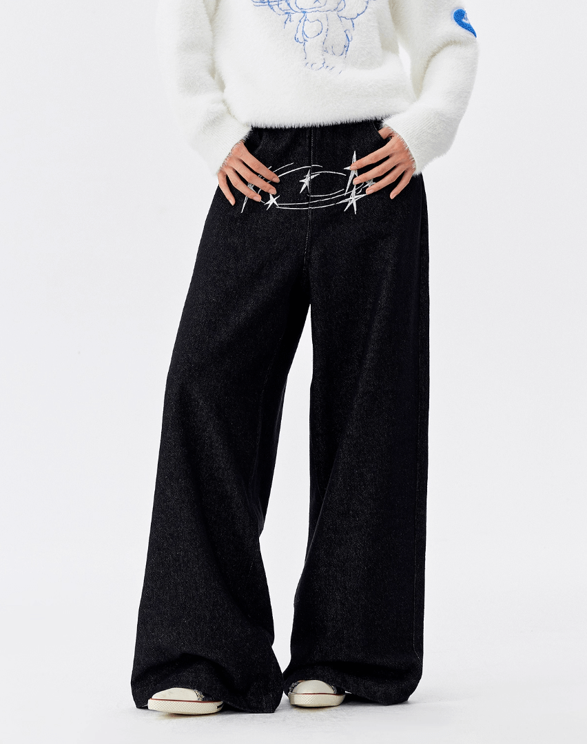 MEDM Stunner Bear Star Embroidered Baggy Jeans | Face 3 Face