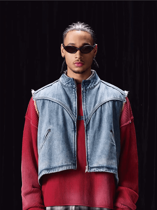 Labt Washed Denim Western Short Vest | Face 3 Face