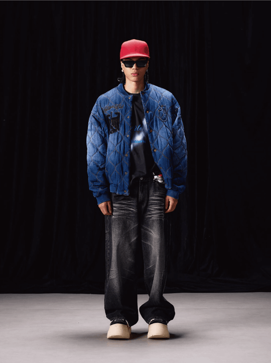 Labt Washed Denim Quilted Baseball Jacket | Face 3 Face
