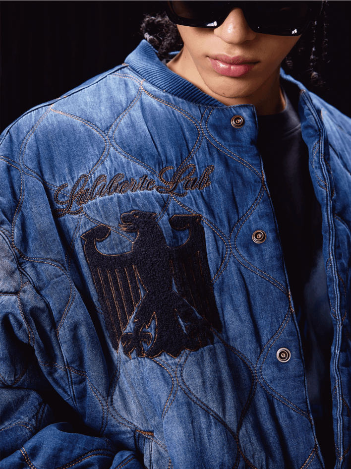 Labt Washed Denim Quilted Baseball Jacket | Face 3 Face