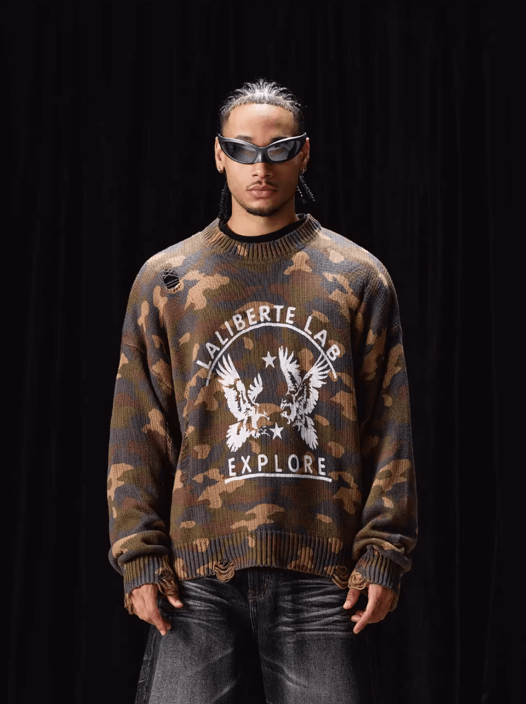 Labt Camouflage Distressed Knit Sweater | Face 3 Face