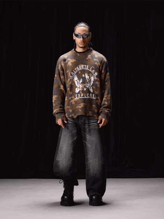 Labt Camouflage Distressed Knit Sweater | Face 3 Face