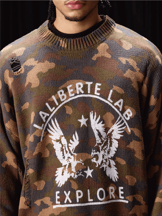 Labt Camouflage Distressed Knit Sweater | Face 3 Face