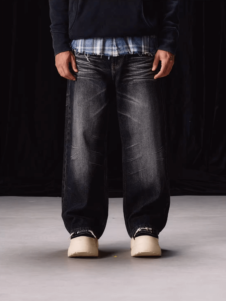 Labt Washed Stretch Whiskers Baggy Jeans | Face 3 Face