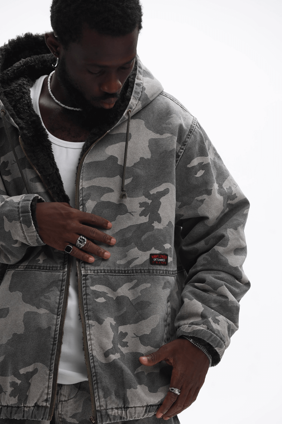 UNTILWERICH Washed Camouflage Hooded Jacket
