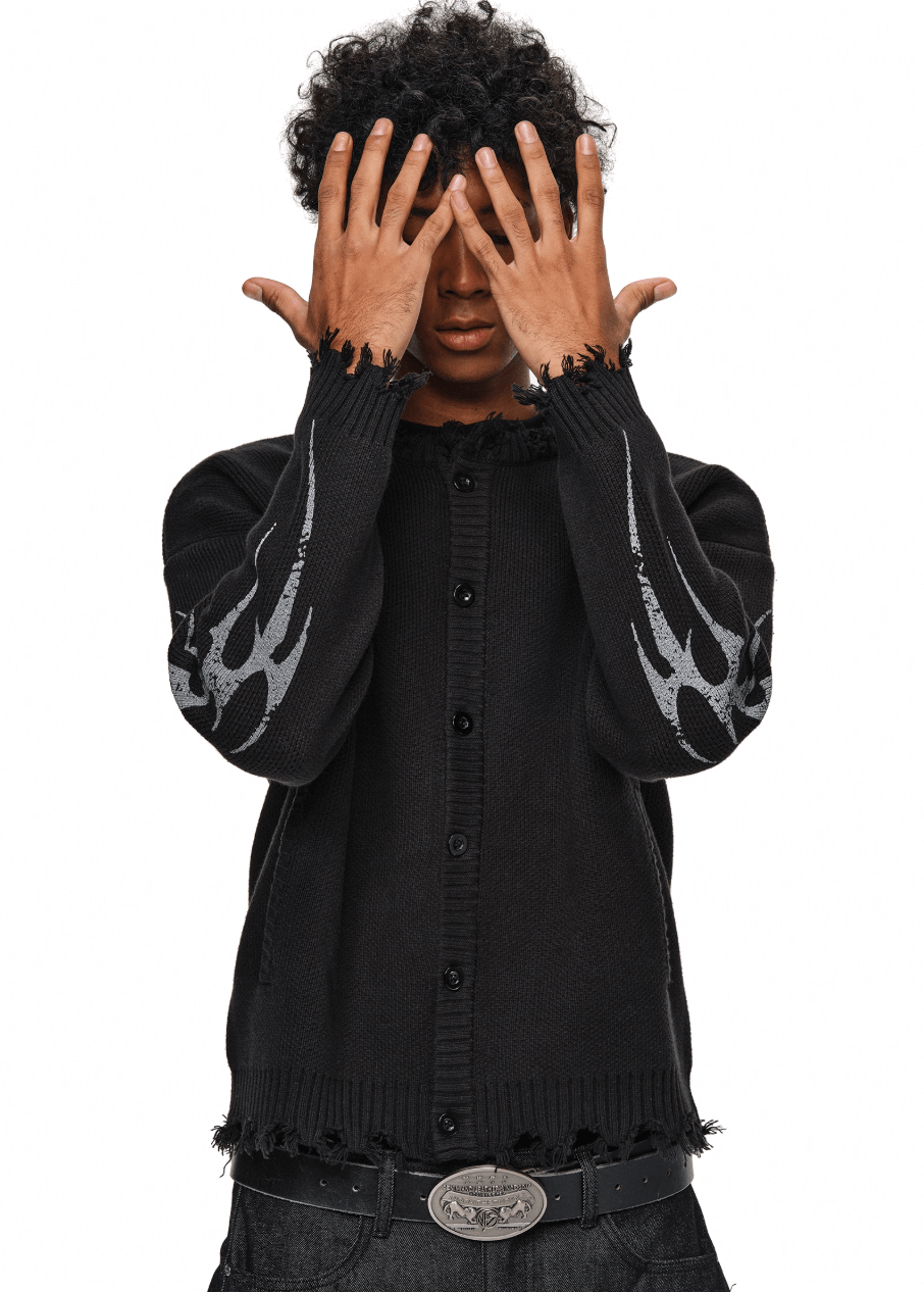 ANTIDOTE Distressed Frayed Tribal Print Knit Cardigan | Face 3 Face