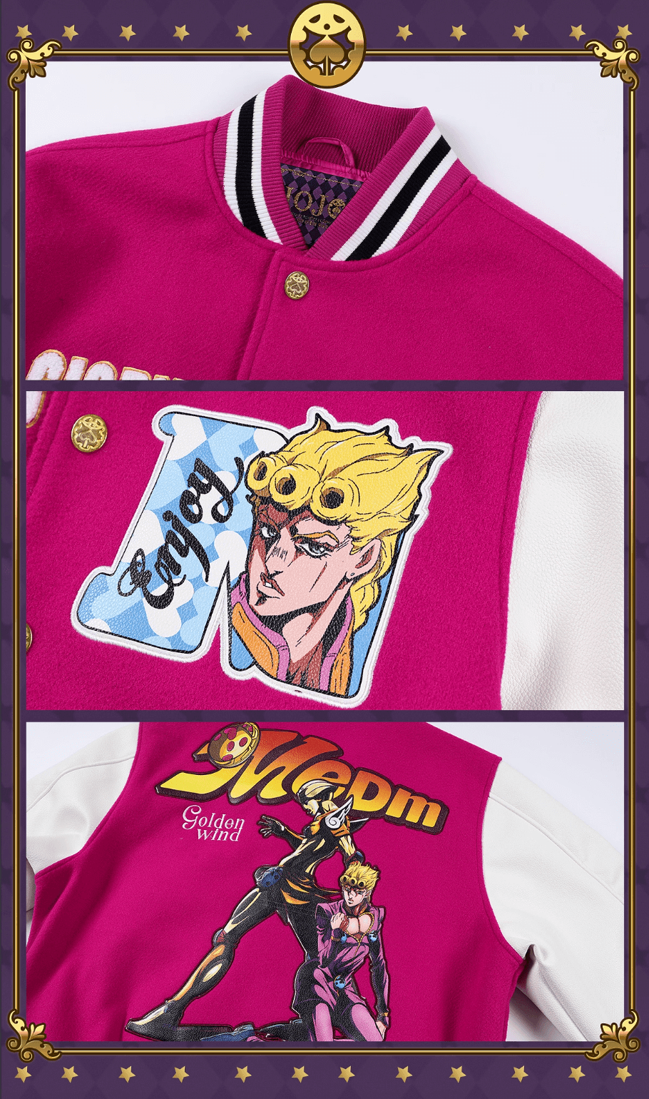 MEDM × JOJO Embroidered Patch Varsity Jacket | Face 3 Face