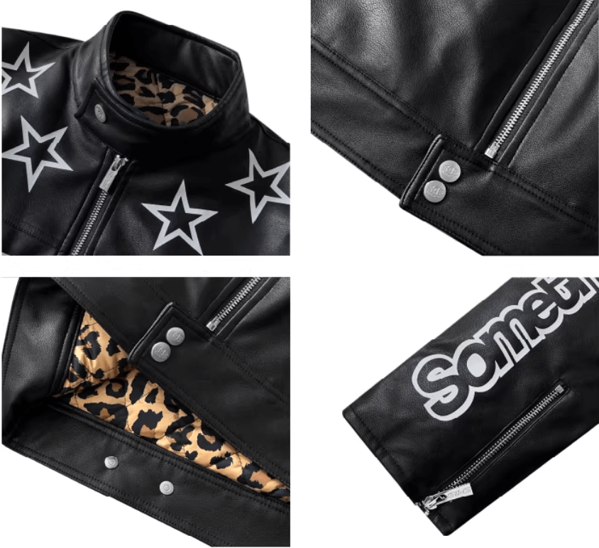 S45 Star Print PU Leather Leopard Lined Biker Jacket | Face 3 Face