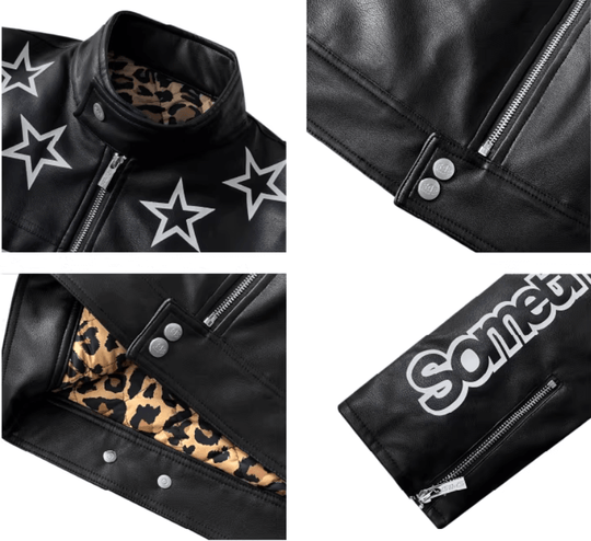 S45 Star Print PU Leather Leopard Lined Biker Jacket | Face 3 Face