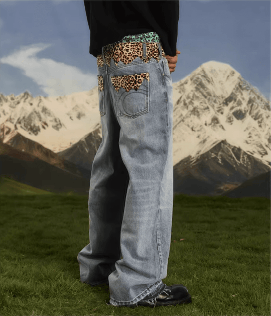 S45 Leopard Patchwork Washed Flared Jeans | Face 3 Face