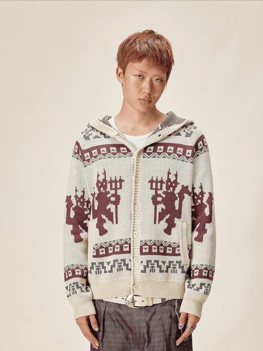 EVILKNIGHT(EK) Ethnic Pattern Knit Hooded Cardigan