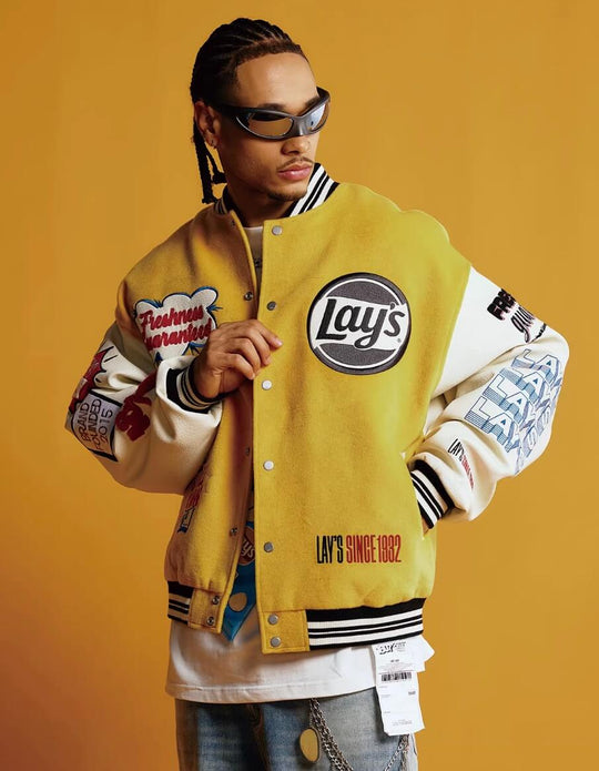 1807 × Lay’s Embroidered PU Leather Varsity Jacket | Face 3 Face