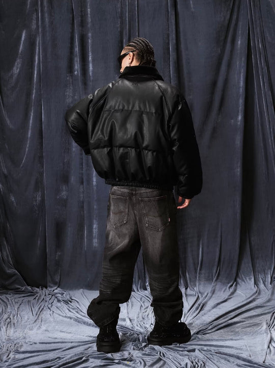 1807 Fur Collar PU Leather Down Jacket | Face 3 Face