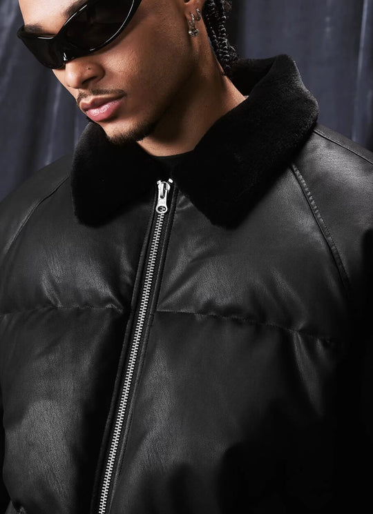 1807 Fur Collar PU Leather Down Jacket | Face 3 Face