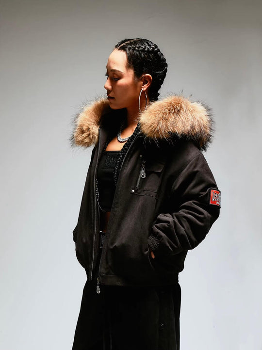 1807 Faux Fur Hood Trim Bomber Jacket | Face 3 Face