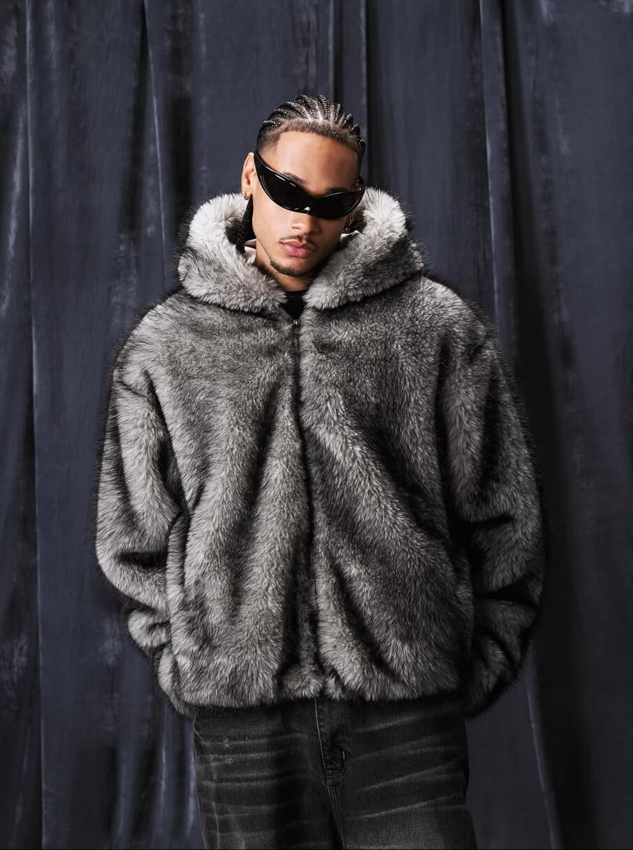 1807 Eco Faux Fur Digital Print Hooded Jacket | Face 3 Face