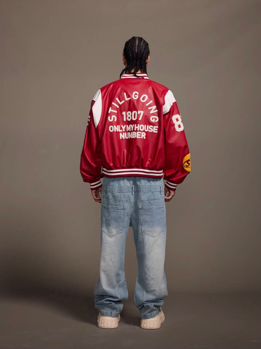 1807 PU Leather Patchwork Varsity Jacket | Face 3 Face