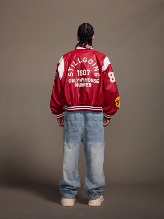 1807 PU Leather Patchwork Varsity Jacket | Face 3 Face