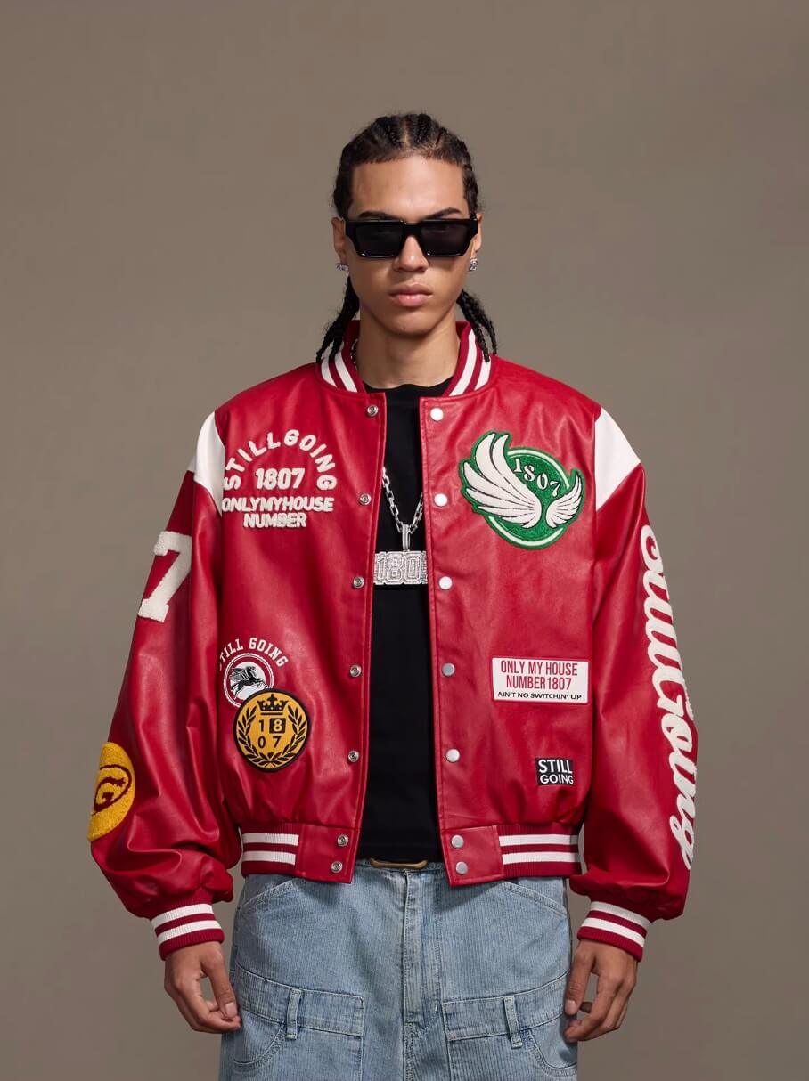 1807 PU Leather Patchwork Varsity Jacket | Face 3 Face