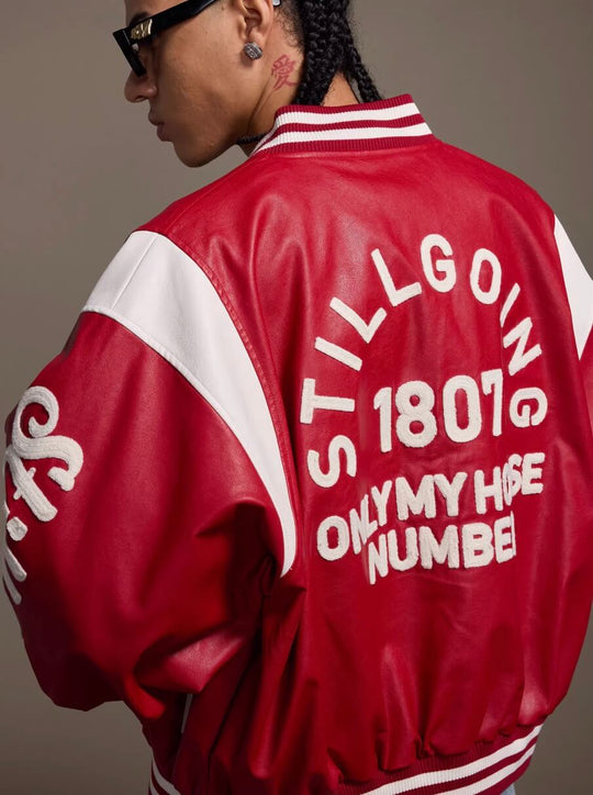 1807 PU Leather Patchwork Varsity Jacket | Face 3 Face